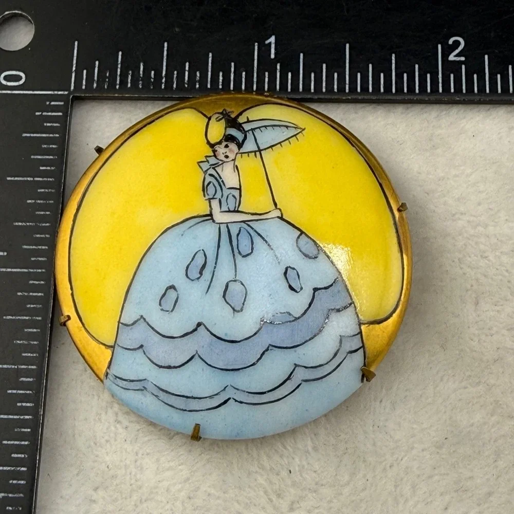 Vintage Victorian Painted Porcelain Brooch Yellow Woman With Umbrella